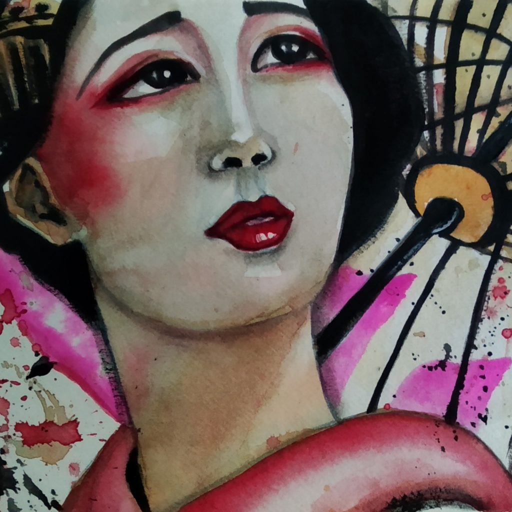 ilustración acuarela de mujer japonesa